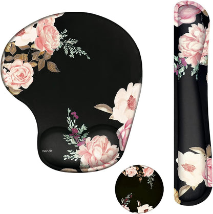 MOSISO Wrist Rest Support for Mouse Pad&Keyboard Set, Curved Peony Ergonomic Mousepad&Coaster Non-Slip Base Home/Office Pain Relief&Easy Typing Cushion with Neoprene Cloth&Raised Memory Foam, Black