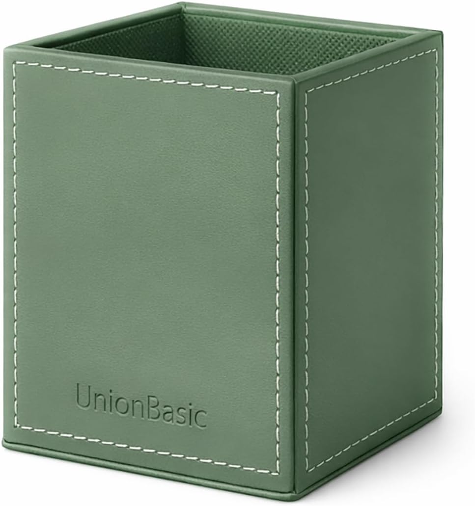 UnionBasic Square Pen Holder, Leather Pencil Cup, Desktop Caddy Stationery Organizer, Beige