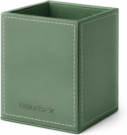 UnionBasic Square Pen Holder, Leather Pencil Cup, Desktop Caddy Stationery Organizer, Beige