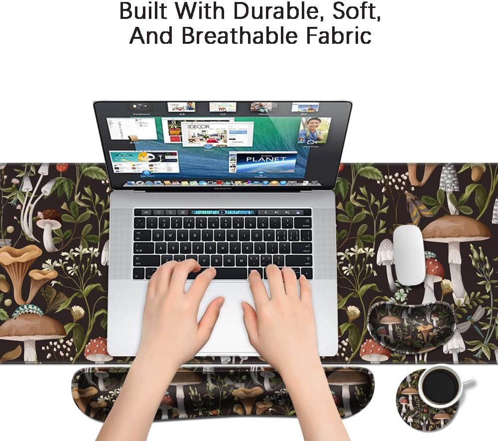 MIBITRI Keyboard Mouse Pad Set, Extended Gaming Mouse Pad+Ergonomics Keyboard Wrist Rest Support, Memory Foam, Easy Typing Pain Relief, 4Pcs XXL Ultra Thick Desk Mat, Enchanted Bookshelf