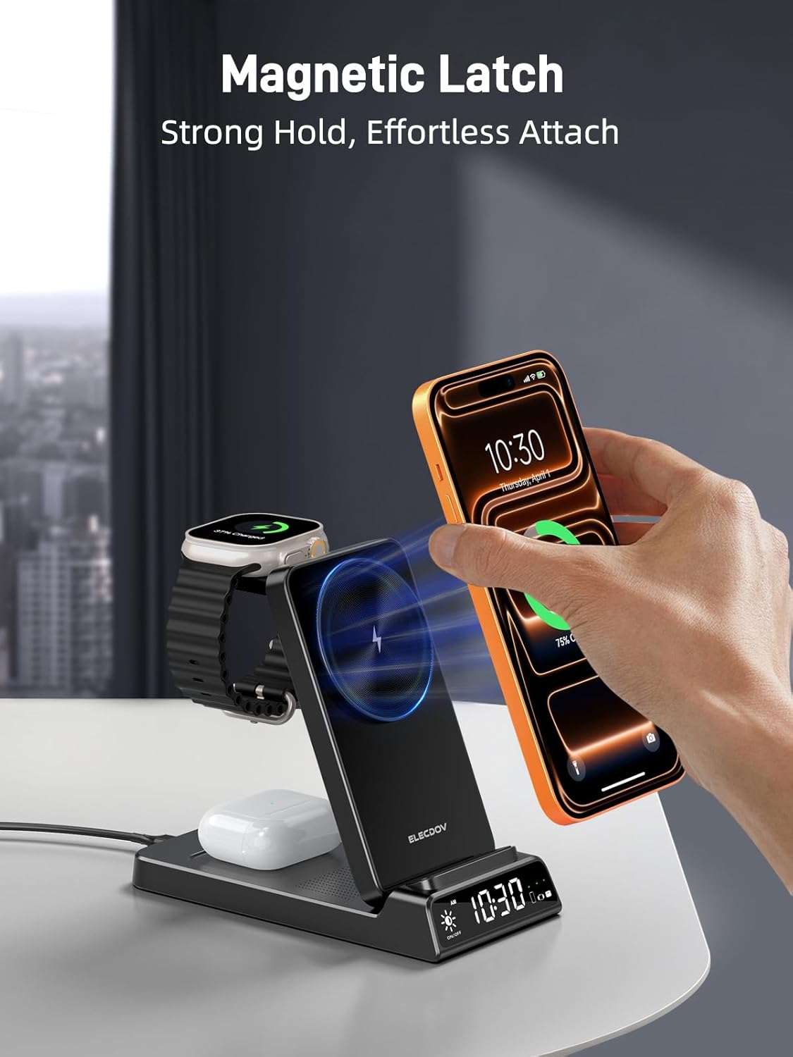 3 in 1 Charging Station for Apple, ELECDOV Magnetic Charger for iPhone, Foldable Wireless Charger with Clock, Travel Watch Charger Stand for iPhone 17/Air/16/15 Series, iWatch 10/AirPods 4 (Grey)