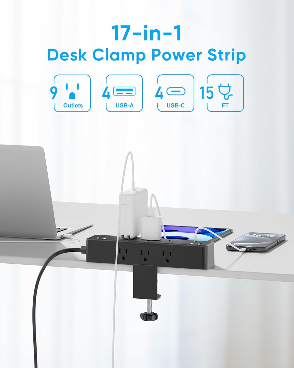 Flat Plug Desk Clamp Power Strip 10FT, 40W Total Fast Charging Station, Dual PD 20W USB C Ports, Desk Edge Mount Power Strip 9 AC Outlets 8 USB Ports(4 USB C) Surge Protector, Fit 1.7" Tabletop Edge