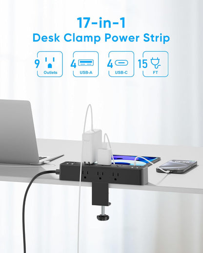 Flat Plug Desk Clamp Power Strip 10FT, 40W Total Fast Charging Station, Dual PD 20W USB C Ports, Desk Edge Mount Power Strip 9 AC Outlets 8 USB Ports(4 USB C) Surge Protector, Fit 1.7" Tabletop Edge