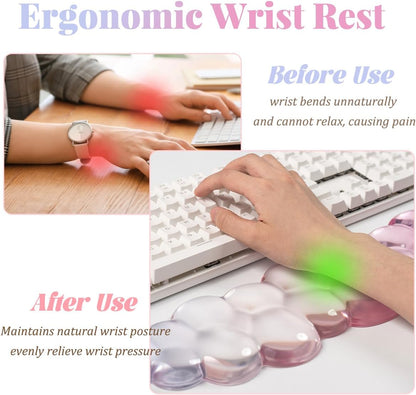 Gel Keyboard Wrist Rest Cloud Set, Clear Ergonomic Wrist Support and Arm Support Keyboard Rest for Typing Pain Relief, with Non-Slip Soft Washable Wrist Rest(Pink Blue)