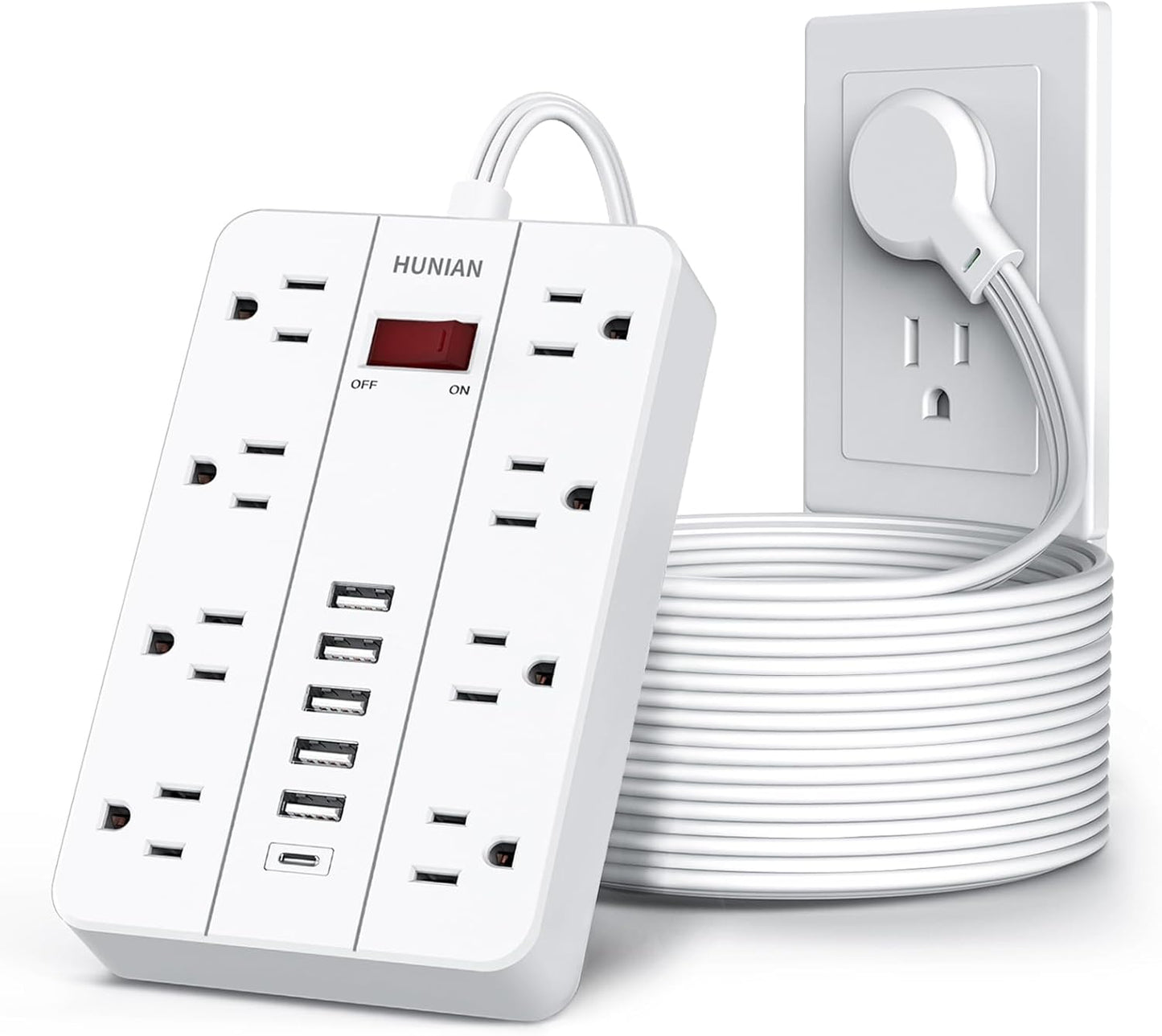 Power Strip with USB, Flat Plug Extension Cord Surge Protector 5 Ft, HUNIAN Power Strip with 8 Widely Spaced Outlets 6 USB Charger (1 USB C Port), Desk Charging Station for Home Office, White