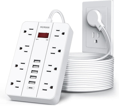 Power Strip with USB, Flat Plug Extension Cord Surge Protector 5 Ft, HUNIAN Power Strip with 8 Widely Spaced Outlets 6 USB Charger (1 USB C Port), Desk Charging Station for Home Office, White