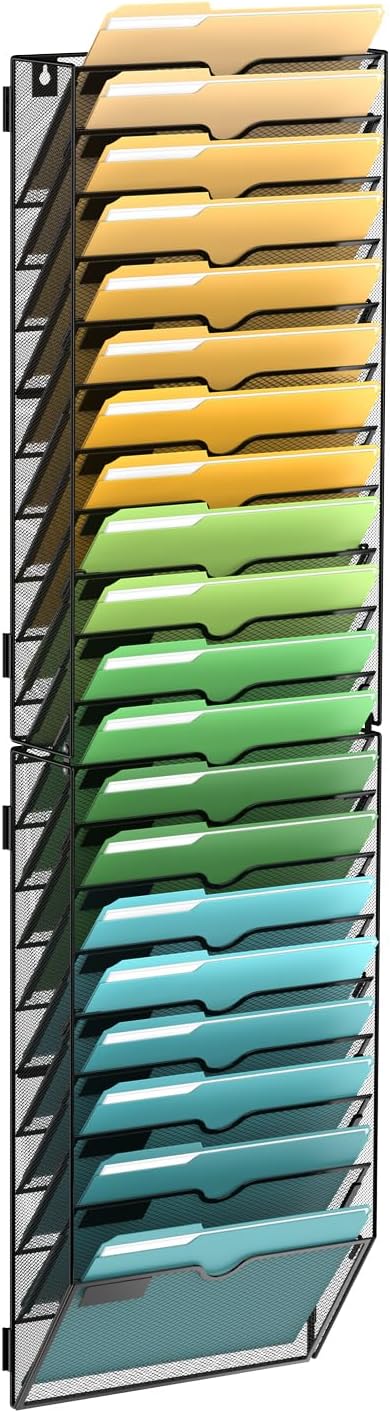 SUPEASY 5 Tier Wall File Organizer, Hanging Wall Mounted Mail Organizer with Label Slots, Metal Mesh File Holder Magazine Rack for Office, Home, School or Classroom, Black