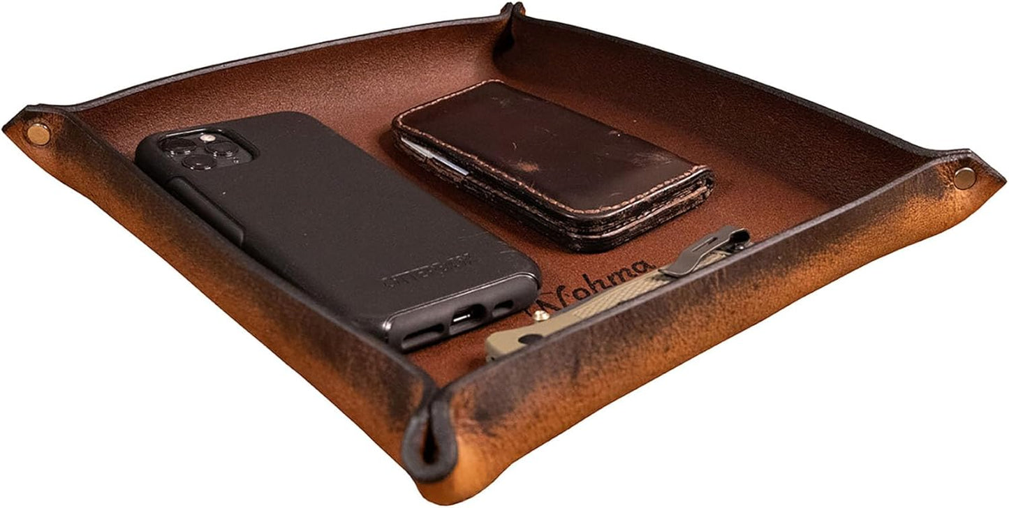 Valet Tray – Full-Grain Leather Catchall Organizer for Keys, Phone & Wallet – Rustic Nightstand & Desk Tray with Raised Sides – Handmade in USA (Vintage Brown, Small Rectangle)