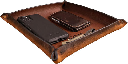 Valet Tray – Full-Grain Leather Catchall Organizer for Keys, Phone & Wallet – Rustic Nightstand & Desk Tray with Raised Sides – Handmade in USA (Vintage Brown, Small Rectangle)