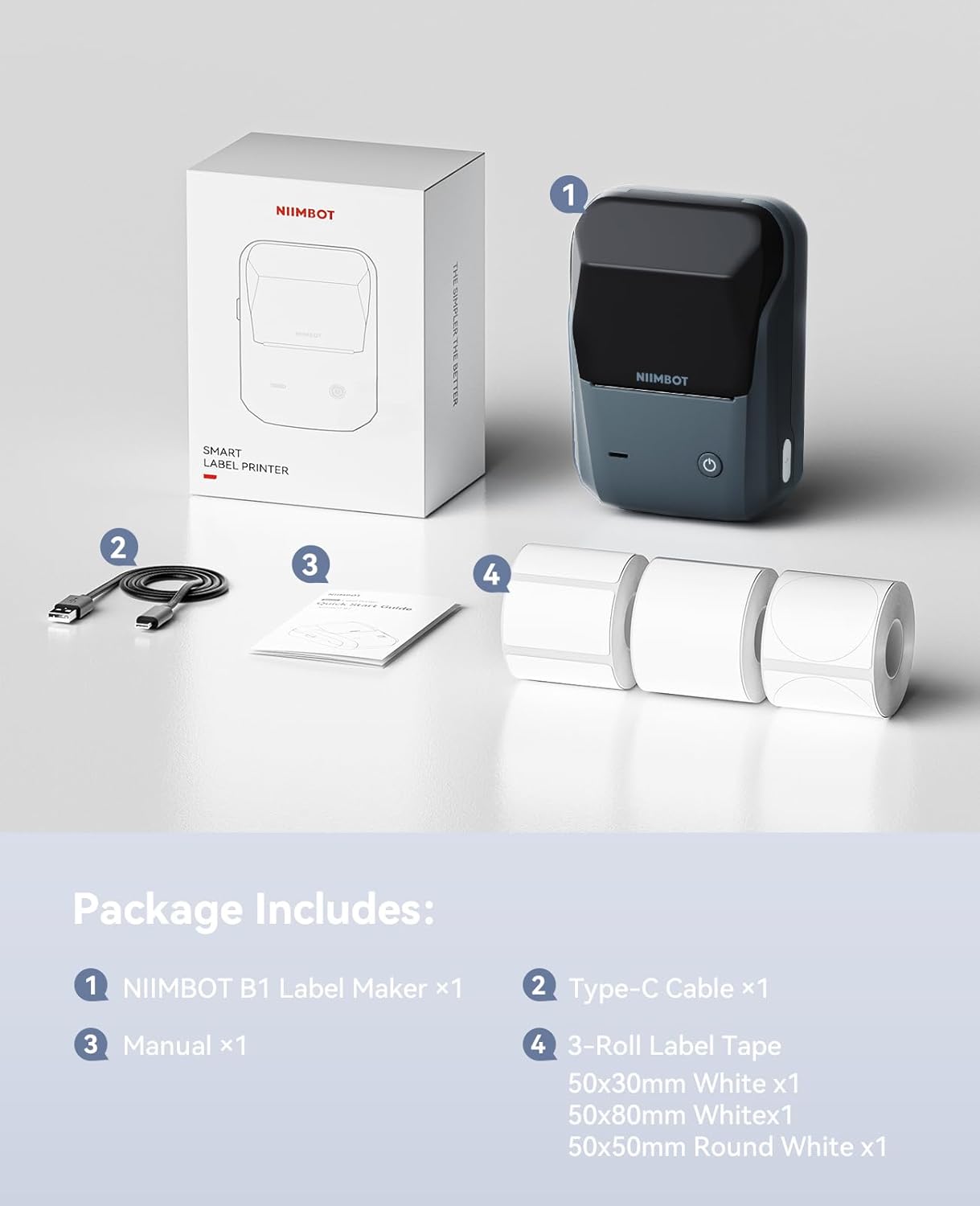 NIIMBOT B1 Label Maker Machine with Tape, 2 Inch Portable Label Printer, Bluetooth Thermal Label Printer with Multiple Templates for Small Business,Office,Home,School (Blue, 1 Printer+1 Roll Label)