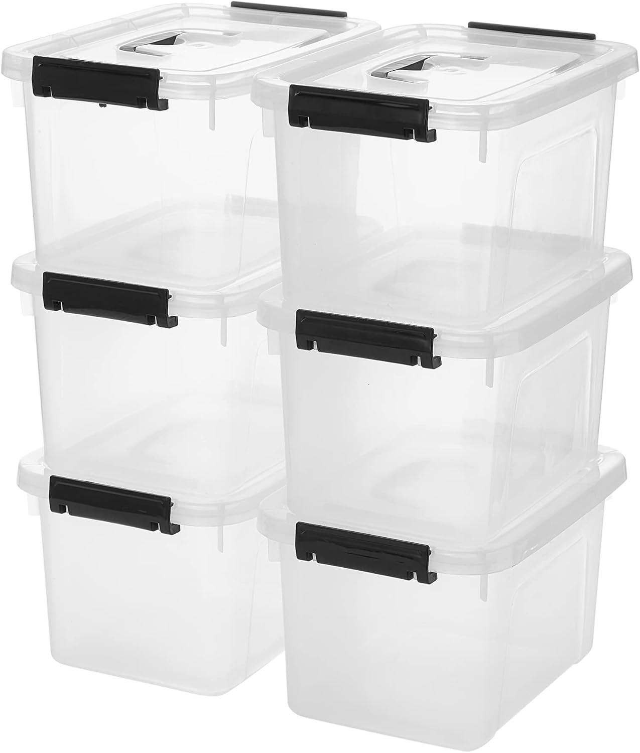 Stackable Plastic Black Storage Bins with Lids 6 Pack, 12 Quart Modular Organizer Boxes with Secure Latches for Closet, Pantry, Office and Small Item Storage