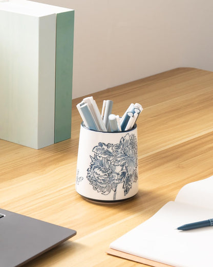 Pencil Holder for Desk, Ceramic Pen Holder, Blue and White Chinoiserie Desk Pen Organizer, Flowers and Branches