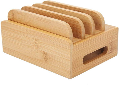 Oumefar Bamboo Multi-Device Stand Holder Charging Station Phone Tablet Charger Organizer 4 in 1 Charging Station for Multiple Devices for Meeting Rooms Restaurants Hotels and Homes