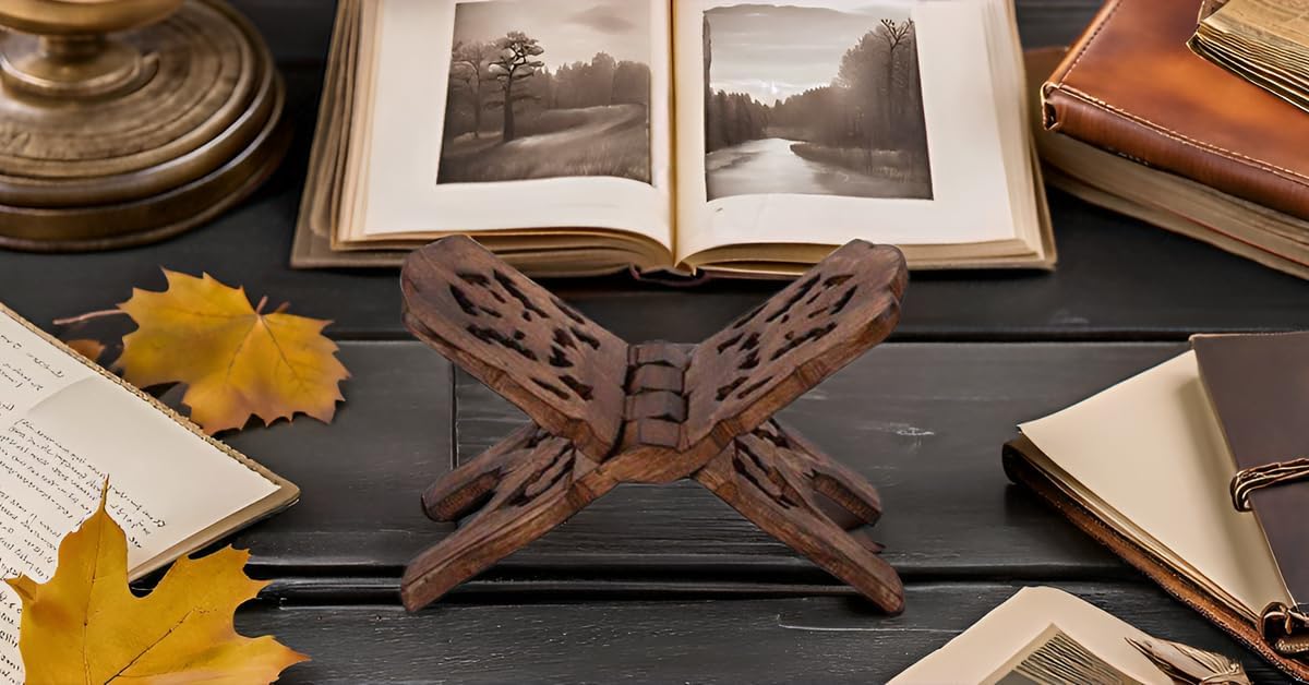 Beautiful Handmade Wooden Prayer Book Display Stand Holder Rehal for Religious Holy Books The Bible Quran Geeta Foldable Book Rest Traditional Living Room Home Decor Accents (12 (L) x 6 (W) Inches)