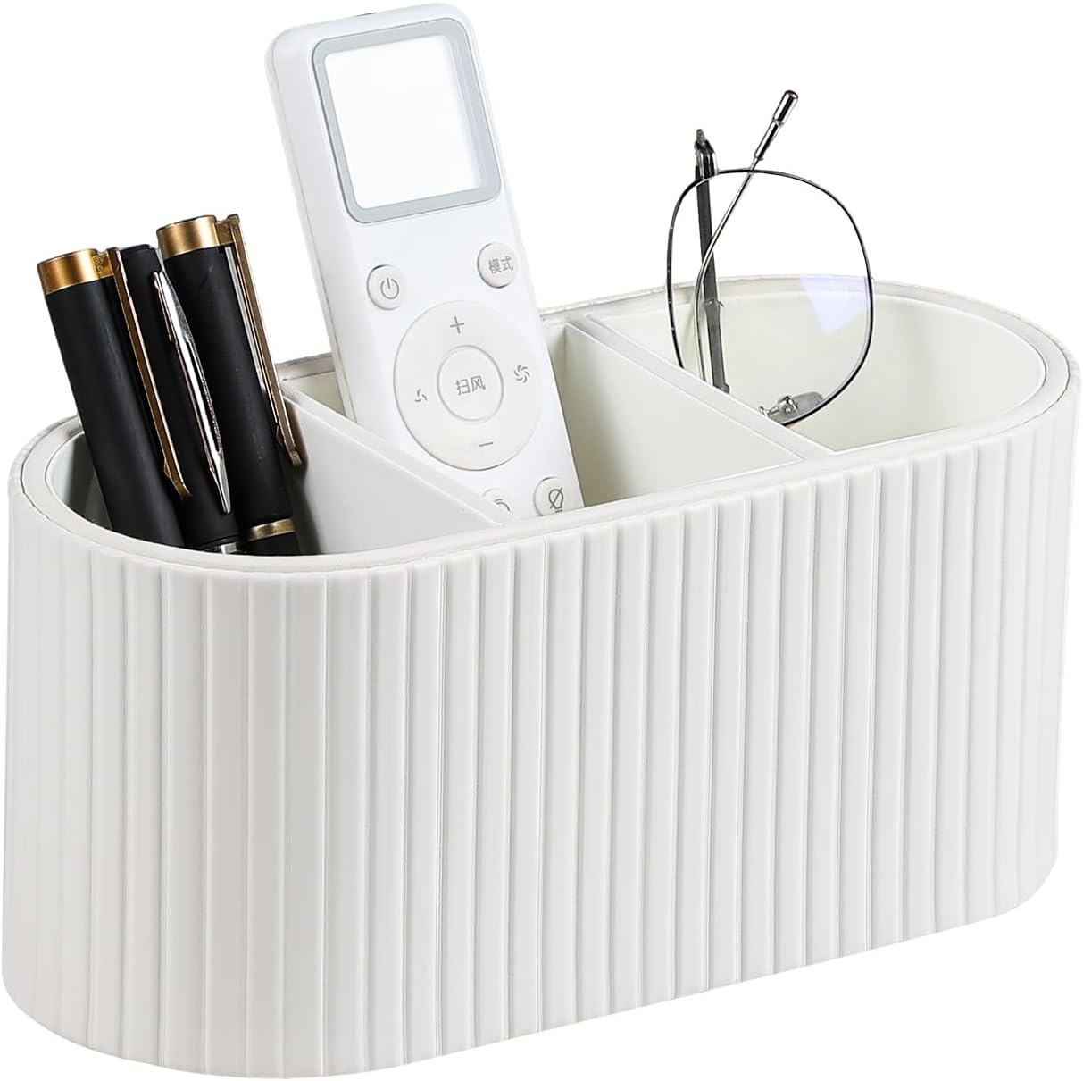 Oval Pen Holder for Desk, Remote Control Holder with 3 Compartments, PU Leather Small Desk Organizer Remote Caddy, Aesthetic Pencil Holder Desk Accessories for Home Office (Ivory)