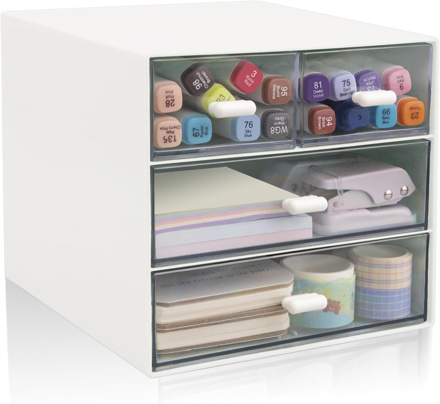 Desk Organizer with Drawer, Office Organizer with 4 Drawers, Desk Storage Box for, Desktop, Dressing table, Office, School, Home, Plastic Box and 4 Acrylic Drawers(White)