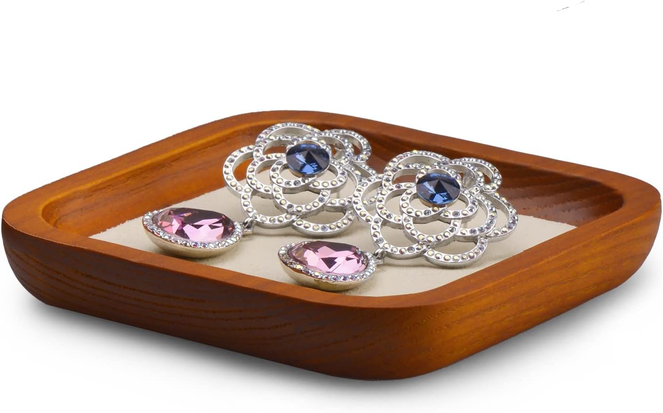 Oirlv Solid Wood Jewelry Display Tray Small Jewelry Tray Rings Earrings Bracelets Necklace Holder Organizer(Rectangle, Grey)