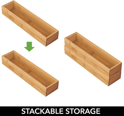 mDesign Slim Wooden Bamboo Drawer Organizer for Office - 12" Long Stackable Storage Box Tray for Desk Drawers/Cabinet - Junk Drawer and Accessories Organization - Echo Collection, 2 Pack, Natural Wood