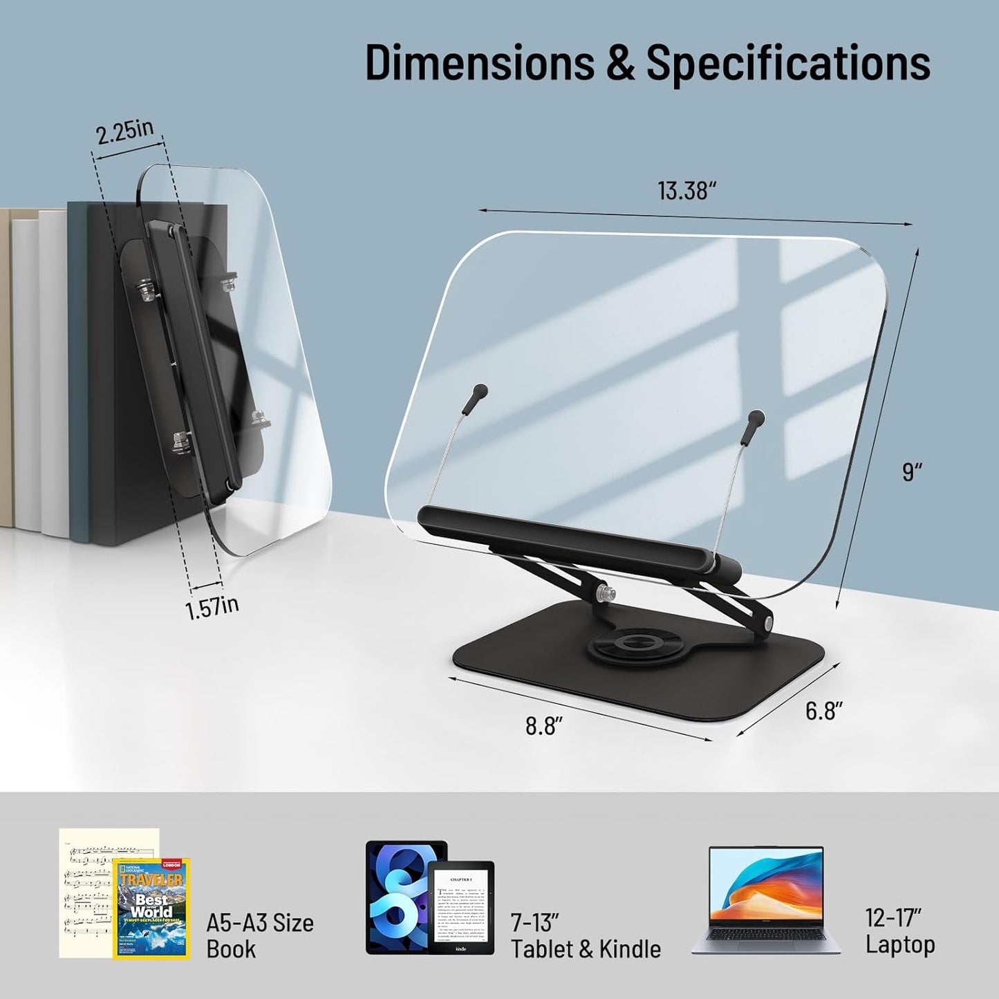 Acrylic Book Stand for Reading Hands Free - Adjustable 360° Rotating Cookbook Holder with Elastic Page Clips & Foldable Base, Multi-Angle Desktop Display Stand for Recipes, Textbooks, Tablets, Bibles