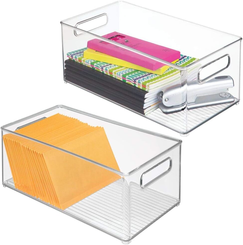 mDesign Plastic Office Supply Organizer - Storage Holder Bin with Handles for Desk Drawer, Cabinet - Pencil, Pen, Envelope and Supplies Container Basket - Ligne Collection - 2 Pack - Clear