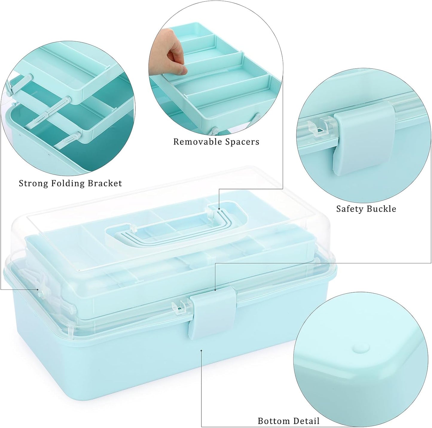 BTSKY 3-Layer Plastic Dividing Storage Box Craft Organizer and Storage with Adjustable Spacers Portable Handled Art Supply Organizer Multipurpose Home Utility Box for Medicine Sewing(Haze Green)
