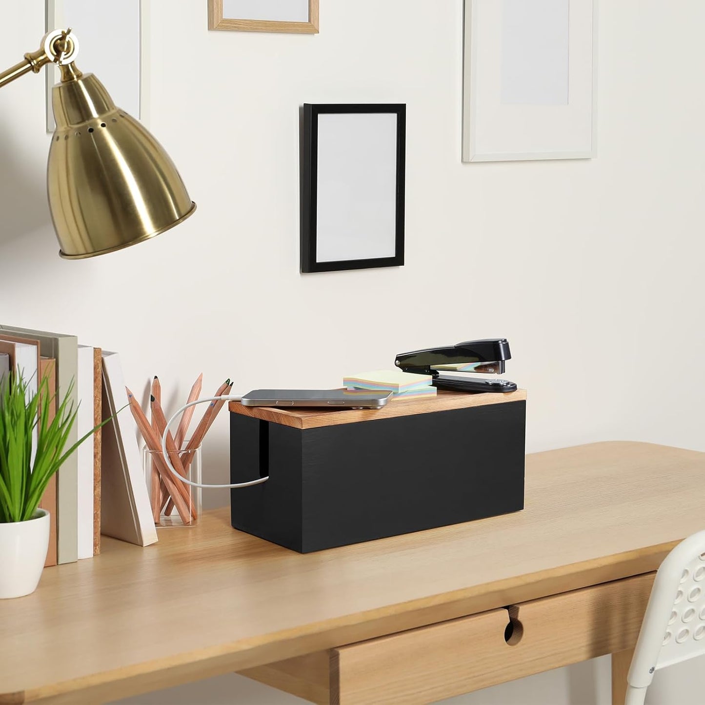 Bivvclaz Large Cable Management Box, Wooden Cord Organizer Box for Desk, Floor, Office to Hide Extension Cords Power Stripes Surge Protectors Chargers Wires, Black