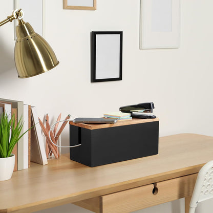 Bivvclaz Large Cable Management Box, Wooden Cord Organizer Box for Desk, Floor, Office to Hide Extension Cords Power Stripes Surge Protectors Chargers Wires, Black