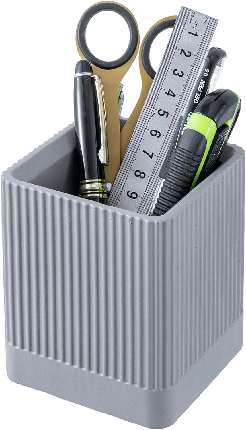 MyGift Pen Holder Pencil Holder For Desk Desktop Pen Cup Holder Gray Concrete 3.5 Inch Round Modern Office Desk Organizer