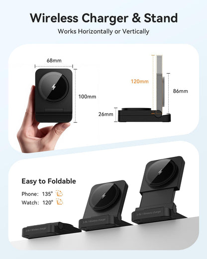 3-in-1 Foldable & Retractable Magnetic Wireless Charger, 15W Fast Charging Station, Portable Fast Charging Stand, Charging for iPhone 17/16/15/14/13/12, Apple Watch, AirPods (Black)
