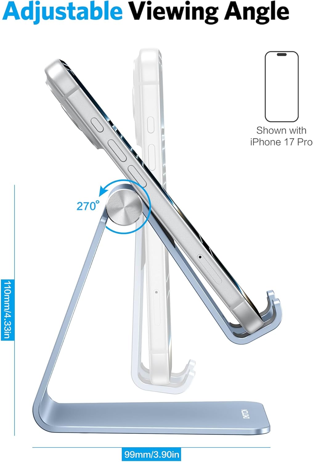 Adjustable Cell Phone Stand, OMOTON Aluminum Desktop Cellphone Stand with Anti-Slip Base and Convenient Charging Port, Fits All Smart Phones, Silver