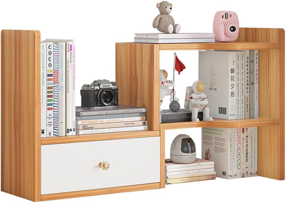 Expandable Wood Desktop Bookshelf, Freestyle Adjustable Wood Display Desk Shelf Counter Storage Rack Top Bookcase for Office & Home (White)