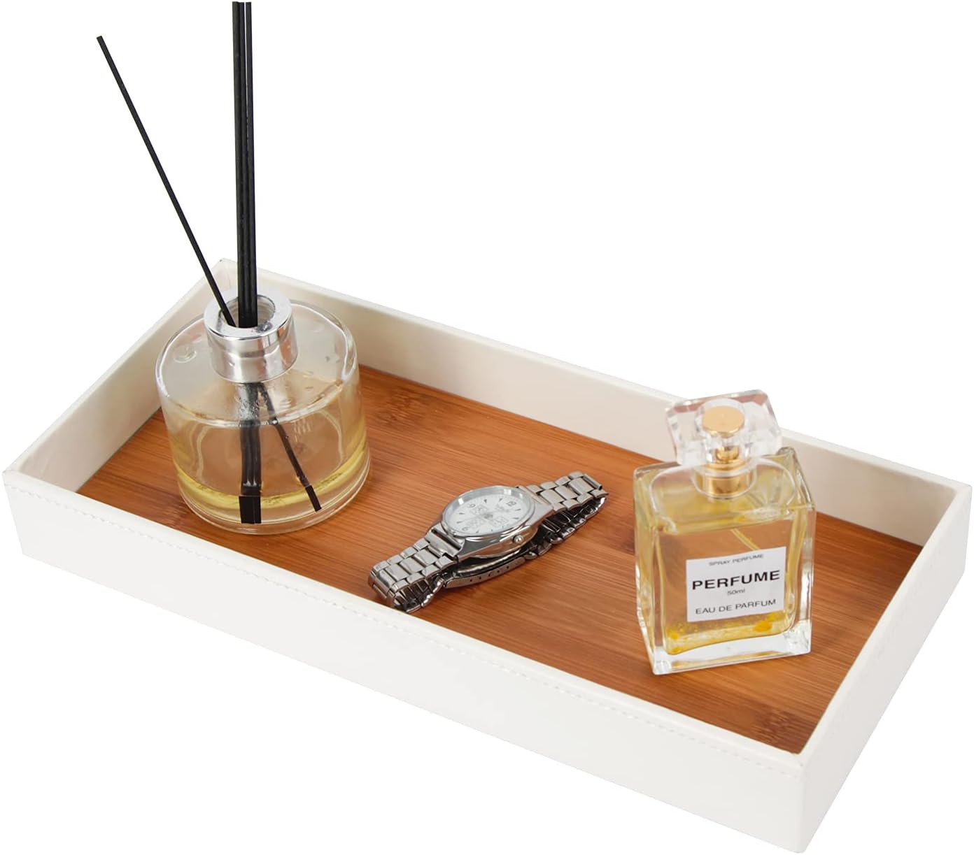 JACKCUBE Design Leather Valet Tray, Catchall Storage Women Vanity Nightstand Tray for Keys, Phones, Jewelry, Makeup, Perfume, Watches (Ivory) - MK1092B