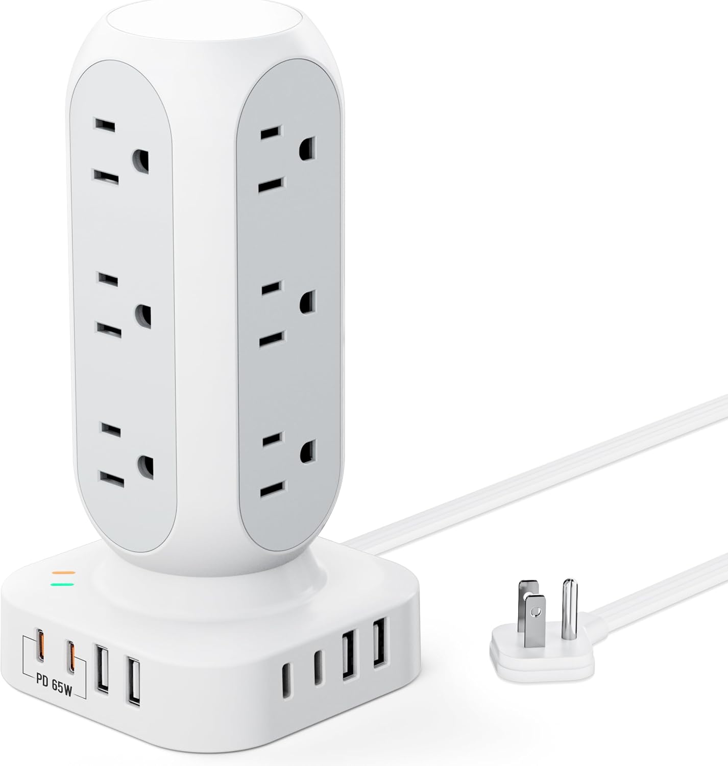 Flat Plug Power Strip Tower 10FT, 40W Total Fast Charging Station, Dual PD 20W USB-C Surge Protector with 12 AC Outlets and 8 USB Ports (4 USB C), Long Extension Cord for Home Office Dorm Room