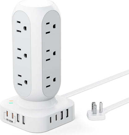 Flat Plug Power Strip Tower 10FT, 40W Total Fast Charging Station, Dual PD 20W USB-C Surge Protector with 12 AC Outlets and 8 USB Ports (4 USB C), Long Extension Cord for Home Office Dorm Room