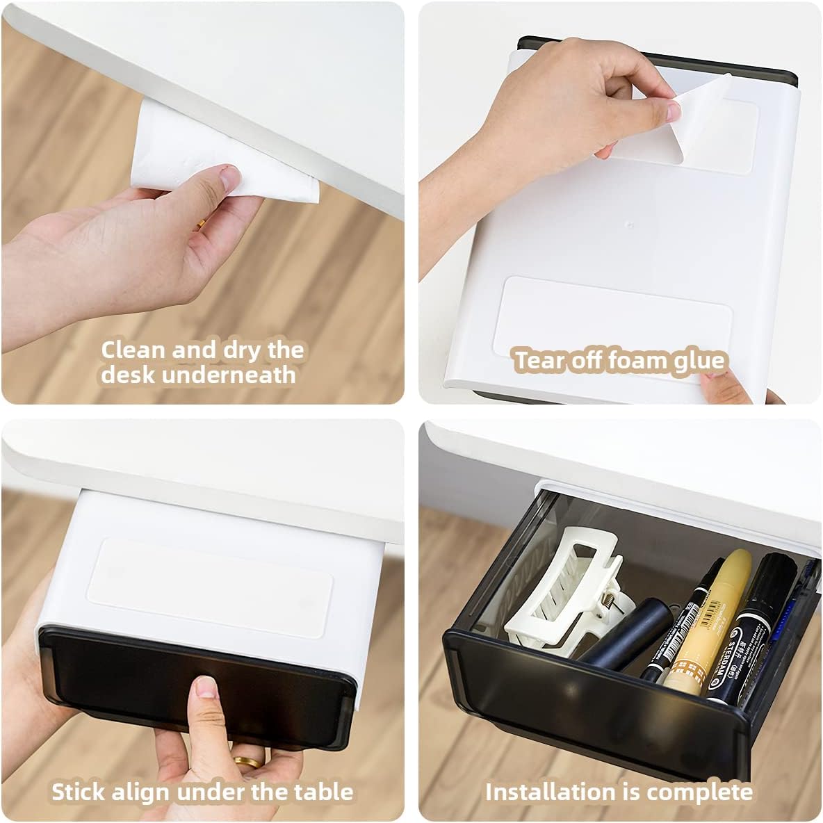 yuntop 1 Pcs Under Desk Drawer, Under Table Hidden Organizer, Plastic Self-adhesive Slide out Under Desk Storage Drawer for Office Dresser Home School Stationery Kitchen (Black)