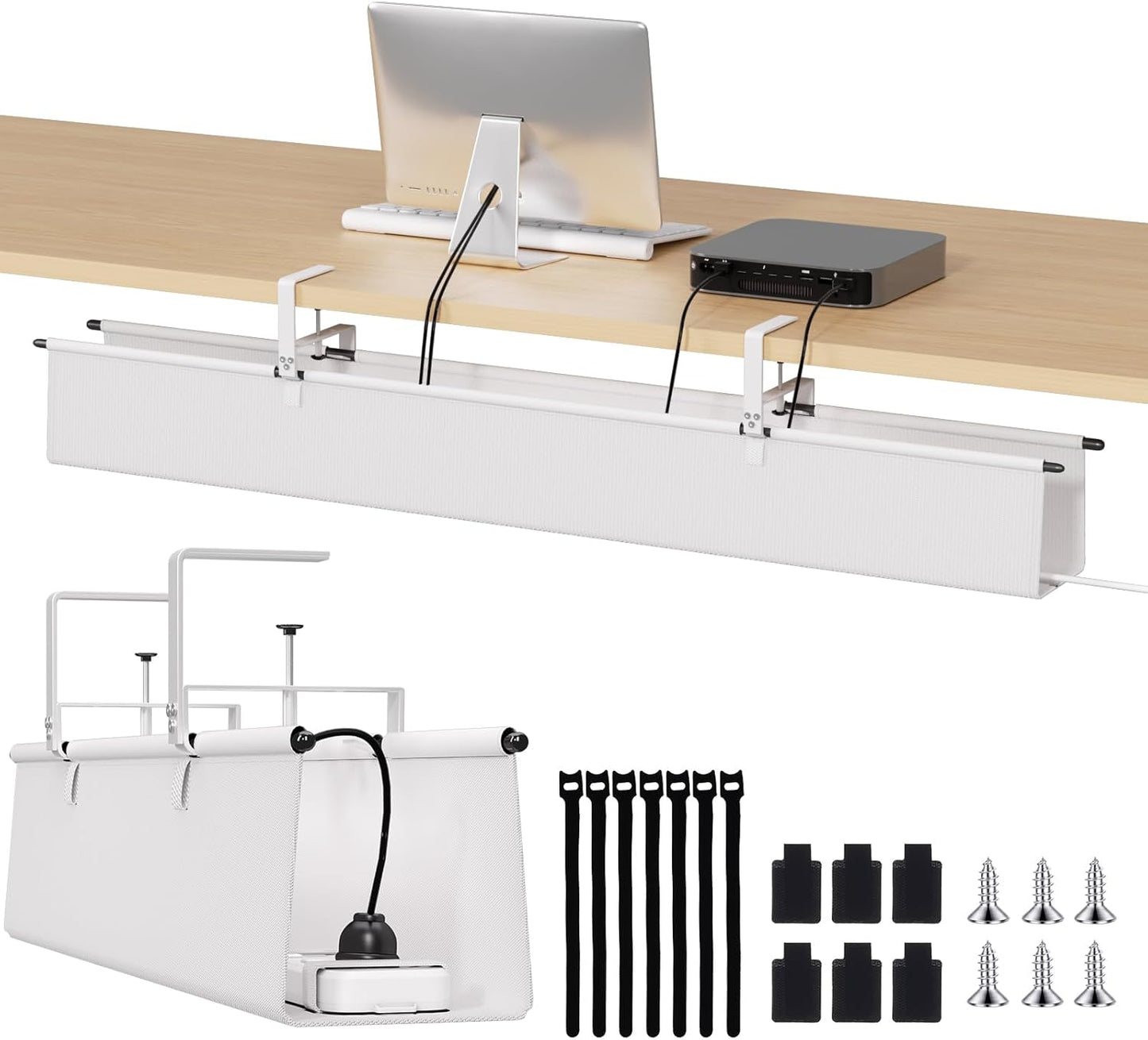 Under Desk Cable Management Tray - 36" Cord Organizer for Desk No Drill, Fabric Under Table Wire Organizer with 16X Cable Ties Hide for Office/Home, Cord Hider Fits Adapters & Sockets, White