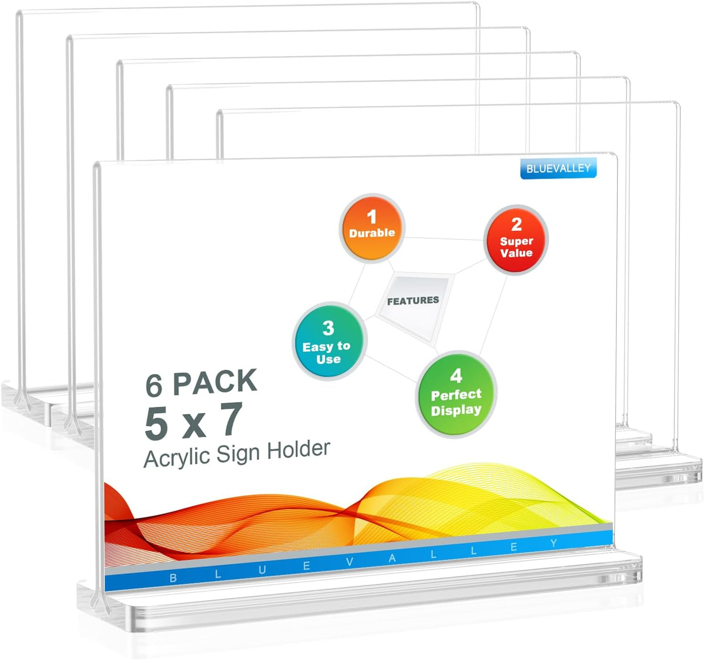 BlueValley Clear Acrylic Sign Holder 5x7 Vertical Double Sided Acrylic Photo Picture Frame for Office Desk, Table Sign Holder for Store, Rrestaurant, Hotel, Cafe, Show Fairs, Vendor-for Brochure Flyer Menu Document-6 pack