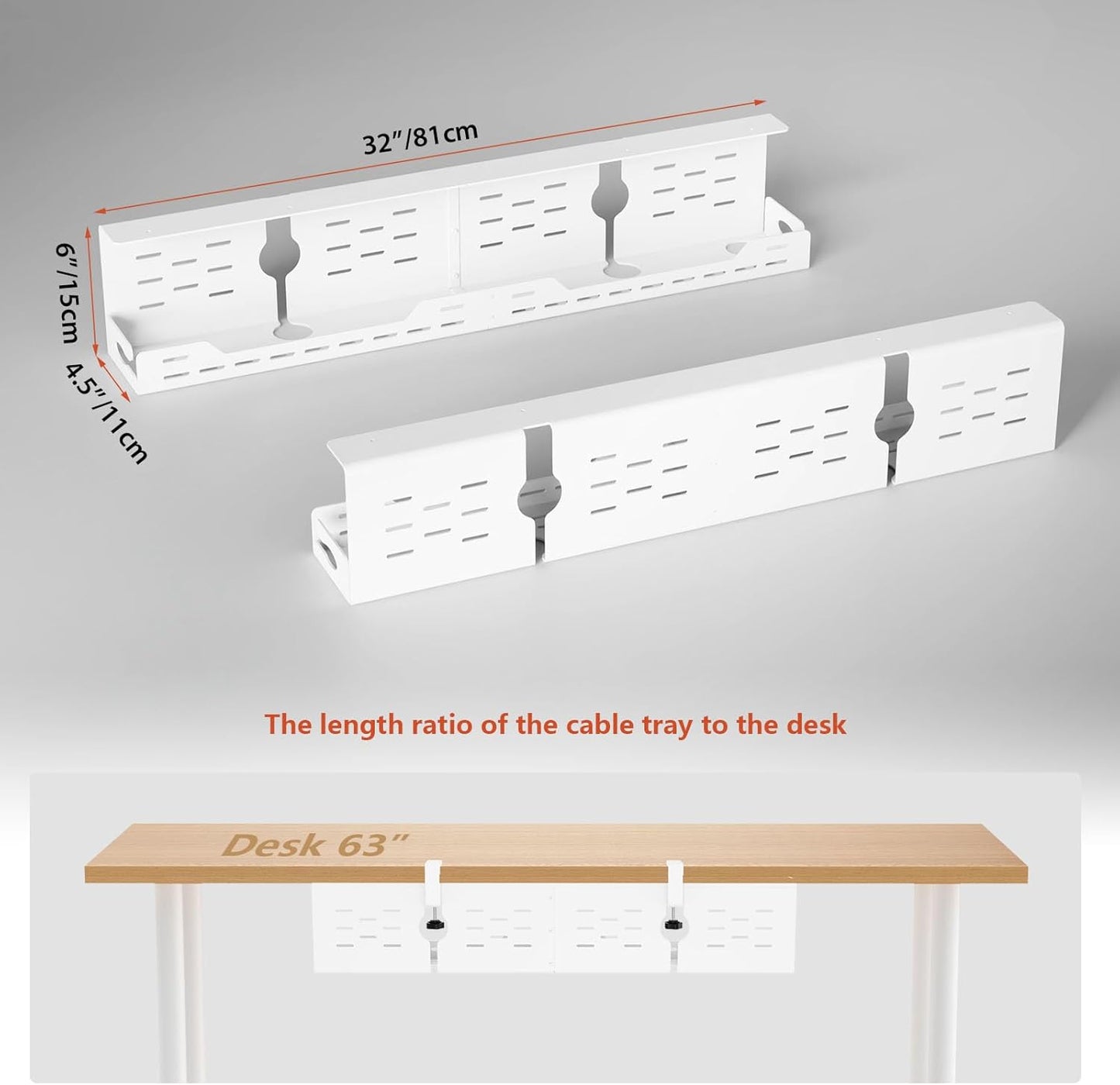 Univivi Under Desk Cable Management Tray - 32" Steel Cord Organizer, No-Drill C-Clamp & Screw Mount for Office/Home, Effortless Wire Management (Black)