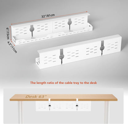 Univivi Under Desk Cable Management Tray - 32" Steel Cord Organizer, No-Drill C-Clamp & Screw Mount for Office/Home, Effortless Wire Management (Black)