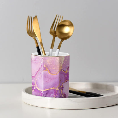 WAVEYU Ceramic Pen Holder for Desk Cute, Pencil Cup Pot Desk Organizer, Makeup Brush Holder for Women, Men, Kids, Desk Marble Decor for Office, Classroom, Home, Gray Golden