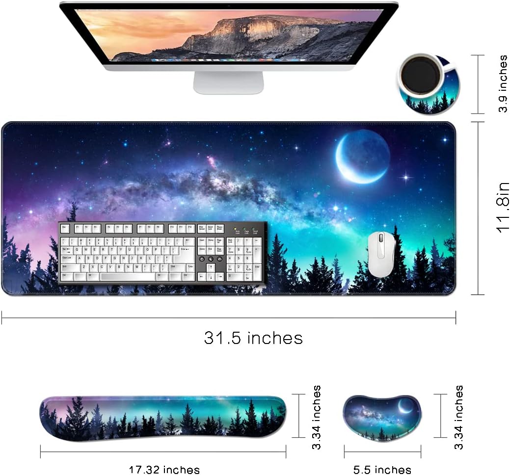 MIBITRI Keyboard Mouse Pad Set, Extended Gaming Mouse Pad+Ergonomics Keyboard Wrist Rest Support, Memory Foam, Easy Typing Pain Relief, 4Pcs XXL Ultra Thick Desk Mat, Enchanted Bookshelf