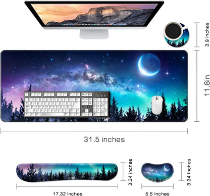 MIBITRI Keyboard Mouse Pad Set, Extended Gaming Mouse Pad+Ergonomics Keyboard Wrist Rest Support, Memory Foam, Easy Typing Pain Relief, 4Pcs XXL Ultra Thick Desk Mat, Enchanted Bookshelf