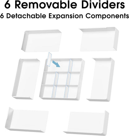 MIUOPUR Expandable Drawer Organizer, Width (10.6"-20.1") Depth (11"-20.1"), Clear Makeup Drawer Organizer with 6 Removable Dividers, Silverware Organizer, Great for kitchen and Bathroom Drawers