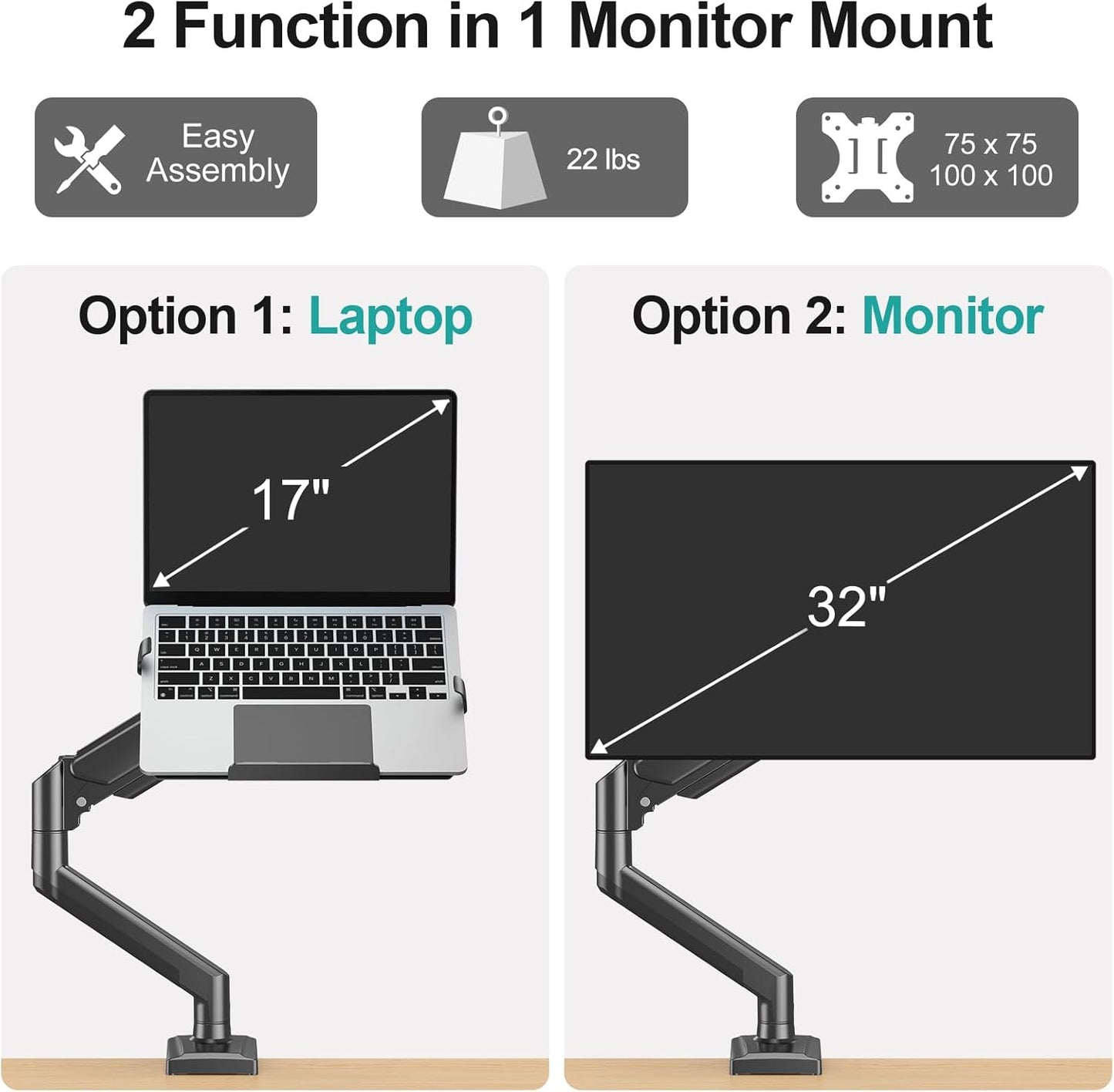 MOUNT PRO Laptop Arm Mount for Desk, 2 in 1 Function Monitor Laptop Stand, Fits Max 17" Notebook and 32" Computer Screen, Aluminum Single Monitor Holder with Adjustable Tray, Holds up to 22lbs