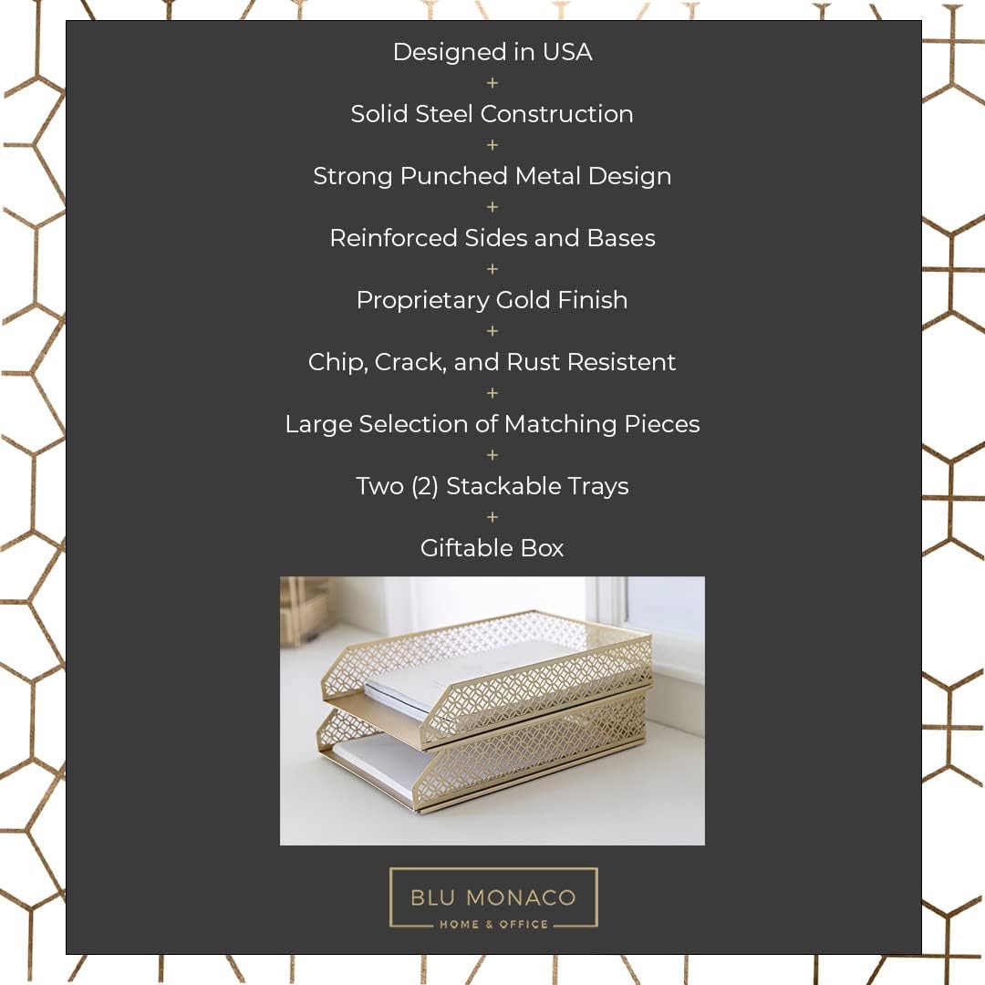 BLU MONACO | Paper Tray Stackable Gold Set of 2 | Stackable File Trays for Desk Organization | Tiered Desk Organizer with Metal Letter Trays