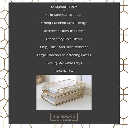 BLU MONACO | Paper Tray Stackable Gold Set of 2 | Stackable File Trays for Desk Organization | Tiered Desk Organizer with Metal Letter Trays
