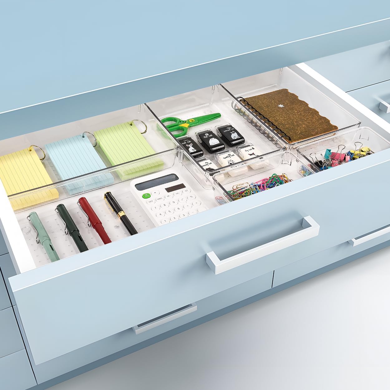 Kutesna 3 Pcs Large Clear Drawer Organizer Set, 15" X 6" Desk Drawer Organizers Trays with Non-Slip Silicone Pads, Storage Bins for Makeup, Office, Kitchen Gadgets Utensils, Bedroom, Tools, Bathroom