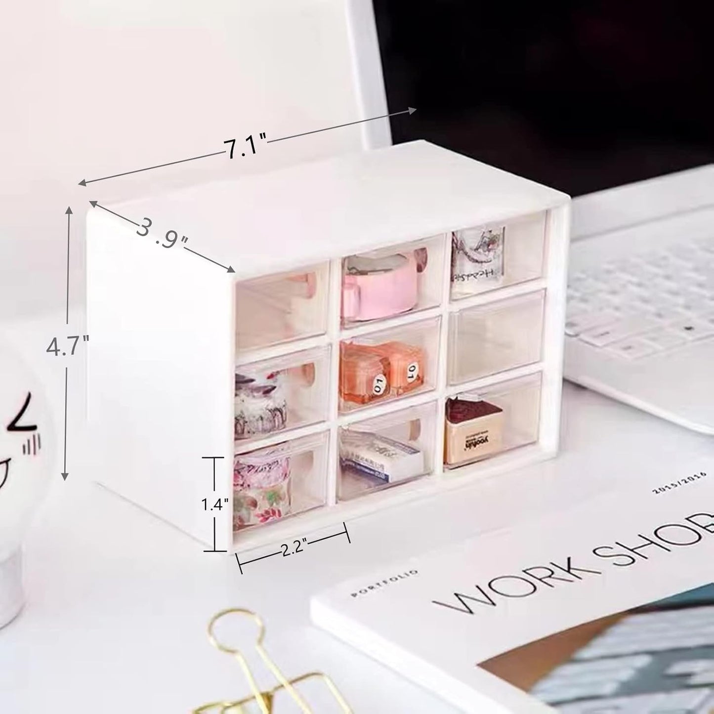 Feadily 4PCS Small Drawer Organizer for Desk, Desktop Drawer Organizer with 9 Clear Drawers, Plastic Desktop Storage Drawers 7.1 Inch x 3 .9 Inch x 4.7 Inch, White