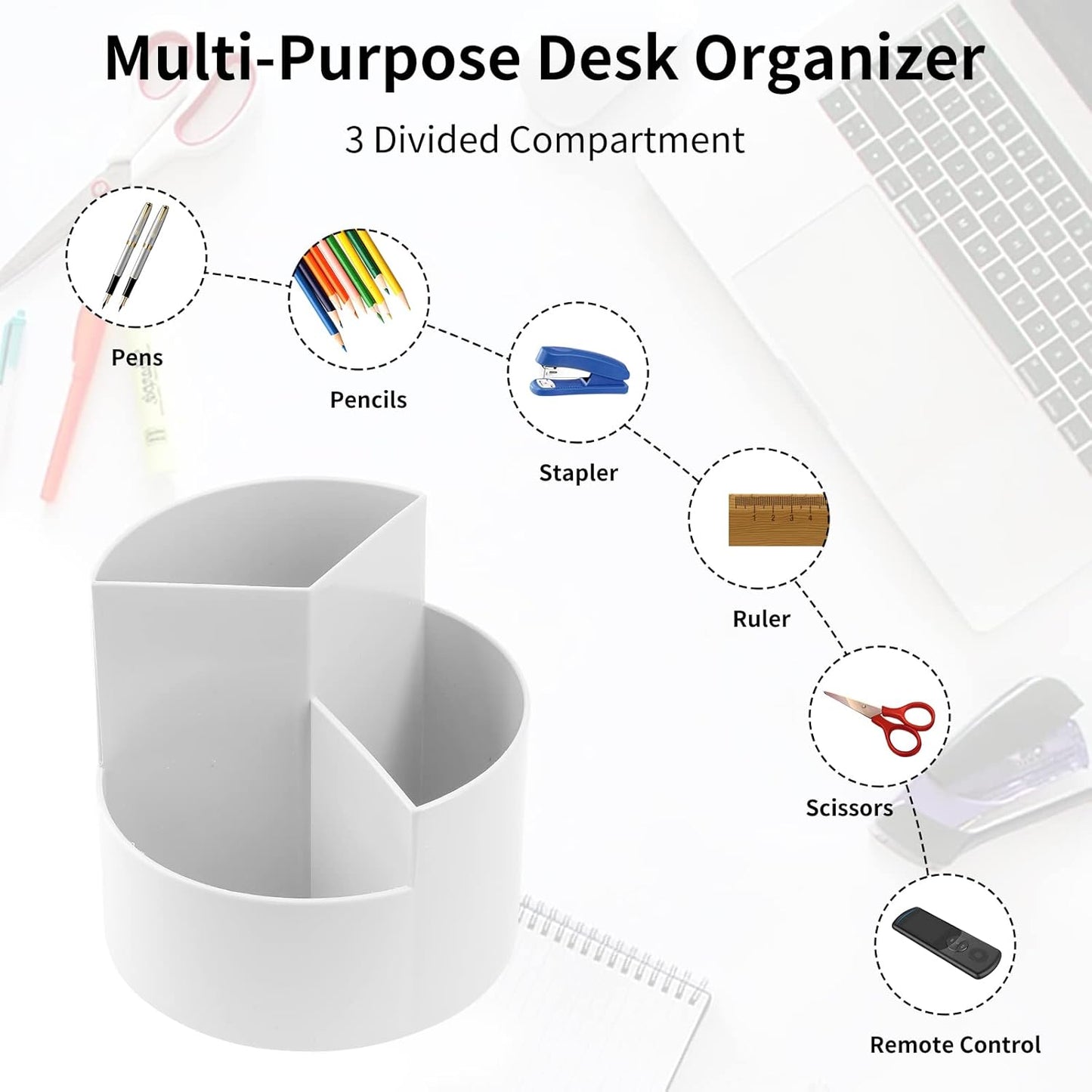 Desk Pencil Pen Holder, 3 Slots 360-Degree Spinning Organizers, Desktop Storage Stationery Supplies, Cute Cup Pot for Office, School, Art Supply, Kids - White