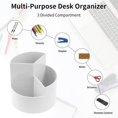 Desk Pencil Pen Holder, 3 Slots 360-Degree Spinning Organizers, Desktop Storage Stationery Supplies, Cute Cup Pot for Office, School, Art Supply, Kids - White